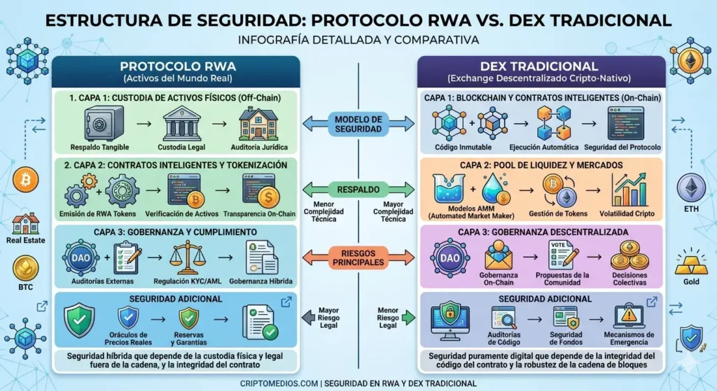Infografía detallando la estructura de seguridad de un protocolo RWA vs. un DEX tradicional