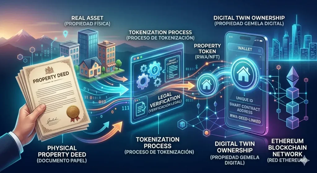 el vínculo entre un título de propiedad físico y su contraparte digital en la red Ethereum